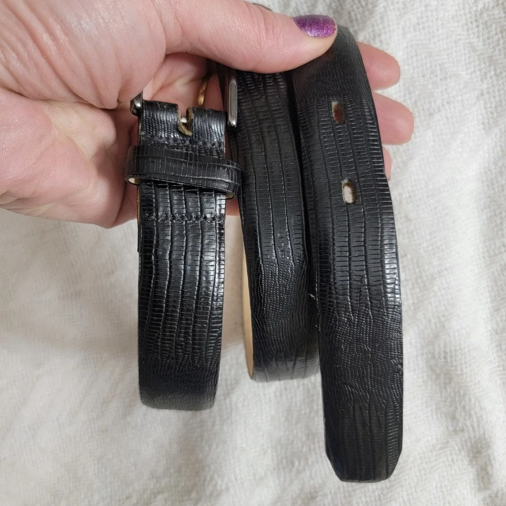 Calvin Klein Womens Black Lizard Grain Leather Belt Sz M Made in USA FLAWED READ